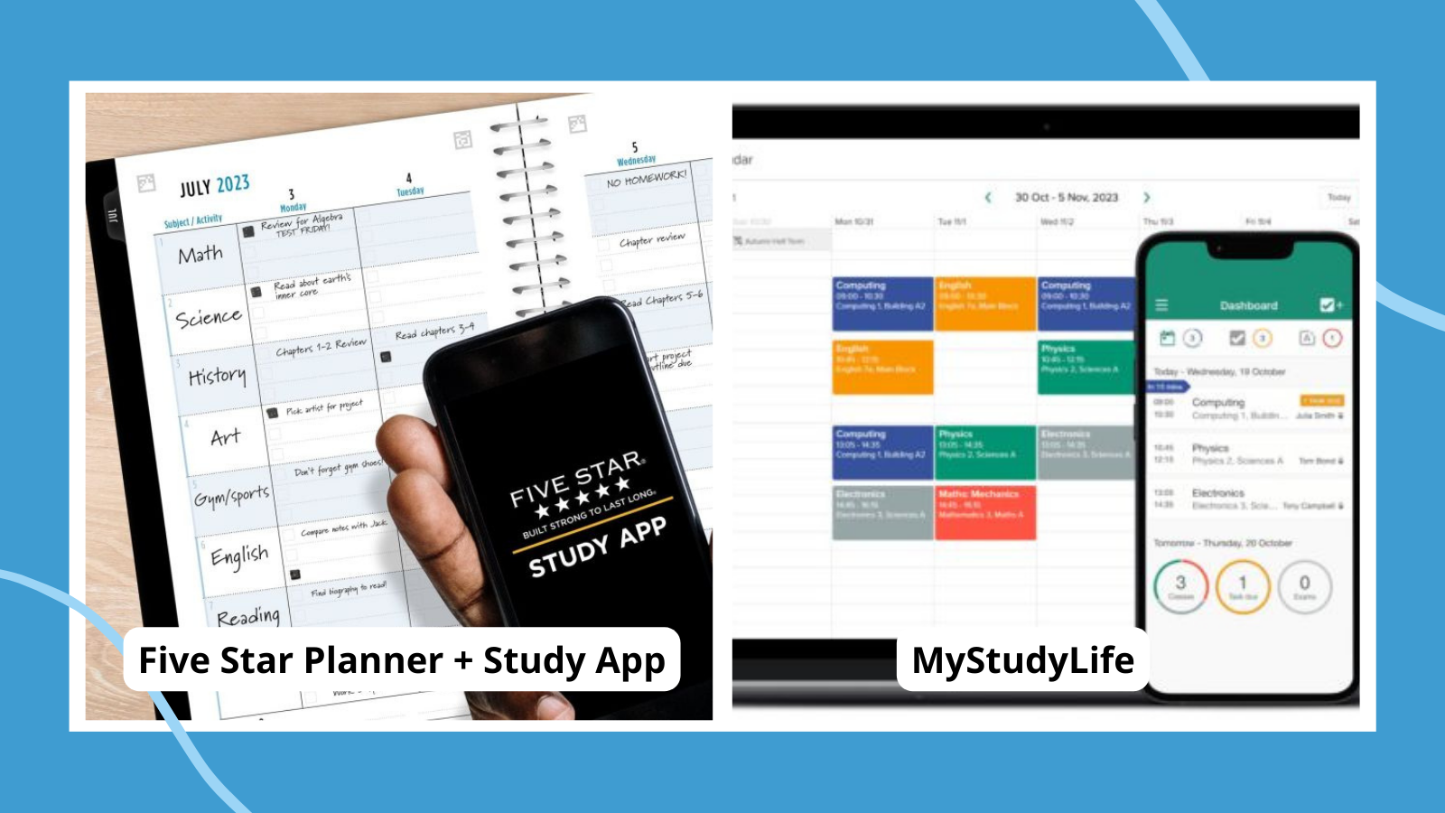 College of academic planners for students, including Five Star Planner + Study App and MyStudyLife