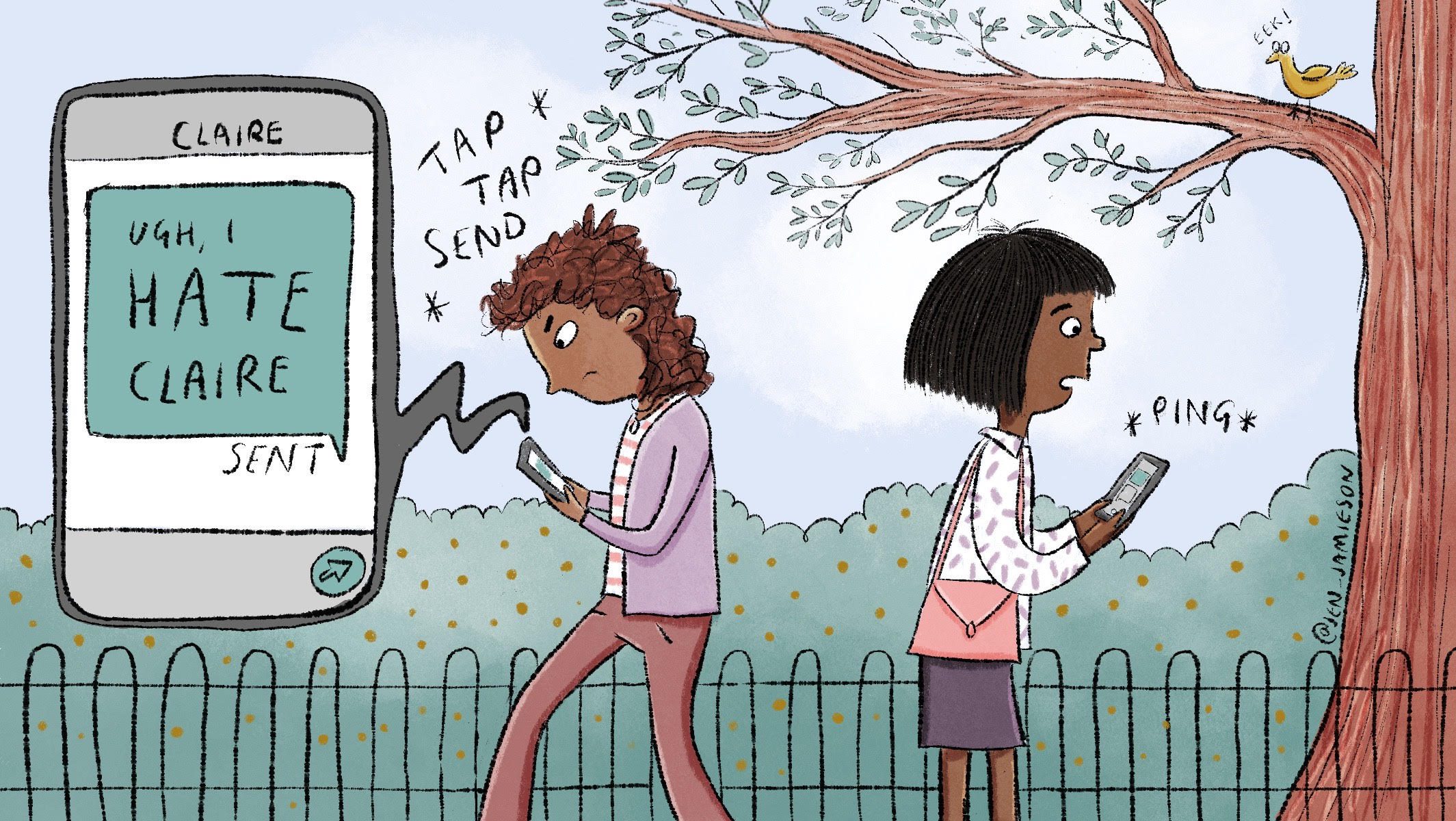 Illustration of two teachers texting with a close-up of phone with text 'I hate Claire'