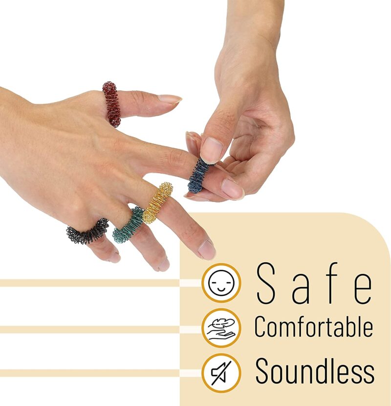 A set of hands are shown with twisty metal rings on each finger. Text reads Safe, Comfortable, Soundless