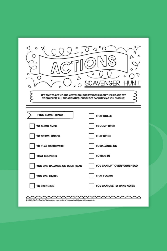 Actions Scavenger Hunt Flay lay of a printable actions scavenger hunt on a green background