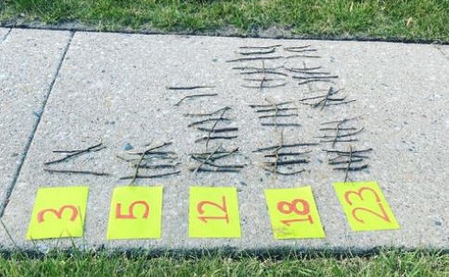 Number cards on the sidewalk with piles of small sticks representing tally marks