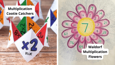 Example activities to show different ways to teach multiplication, including cootie catchers and Waldorf flower drawing