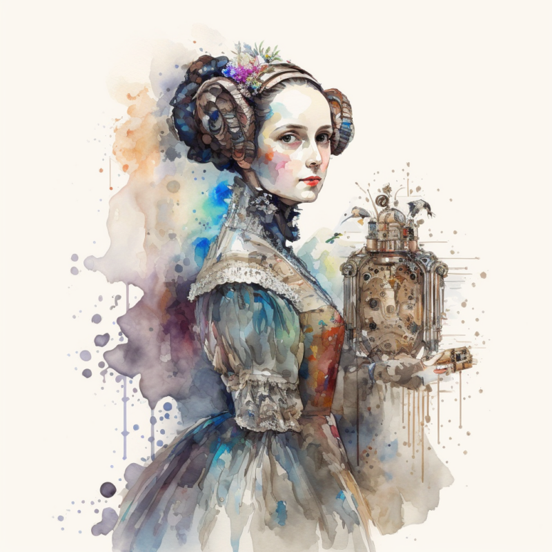 A watercolor portrait of a woman is shown.