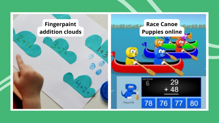 Collage of addition activities and games, including fingerpainting addition clouds and racing canoe puppies online