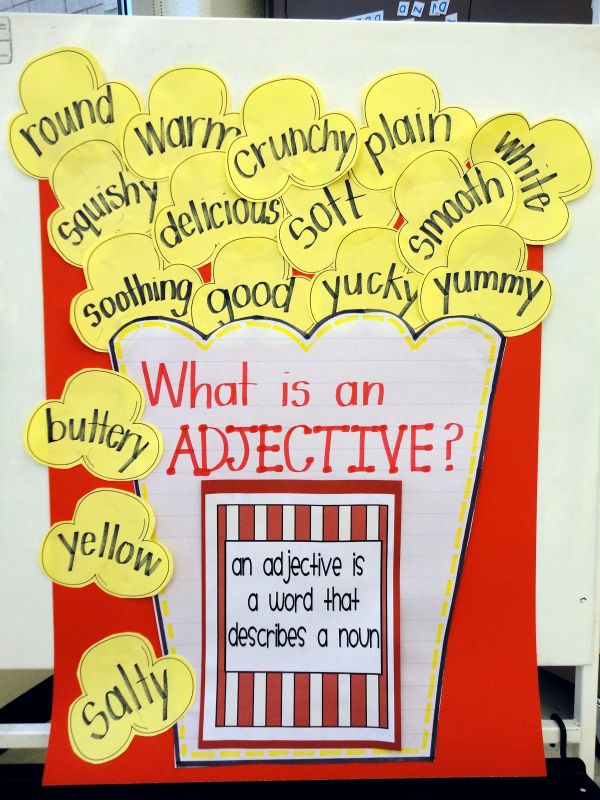 Anchor chart with large container of popcorn with adjectives written on each piece