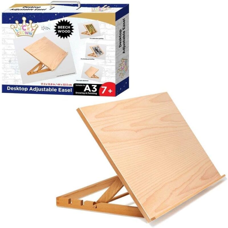 A solid wood easel is shown. 