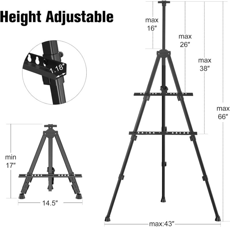 A metal tripod art ease for kids is shown at two different sizes. Dimensions for height options are shown. 