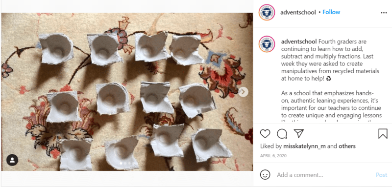 Still of adventschool Instagram post sharing at home manipulatives