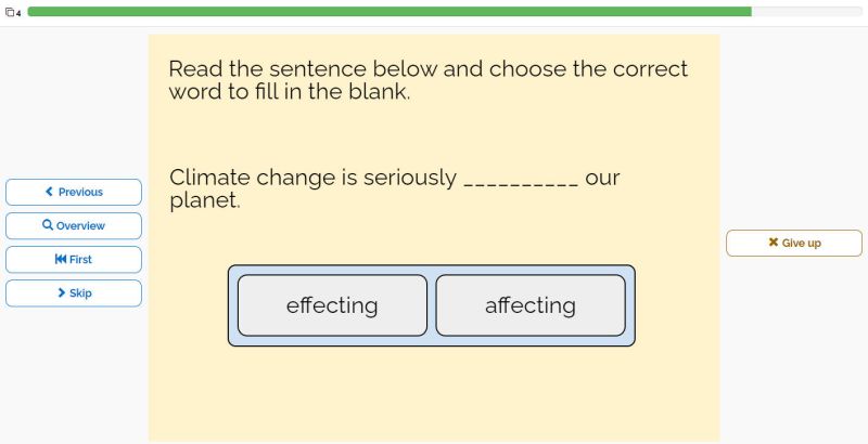 Interactive practice example for affect vs. effect