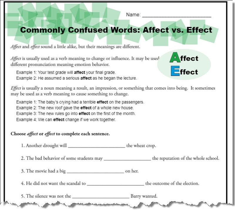 Printable worksheet for practicing affect vs. effect
