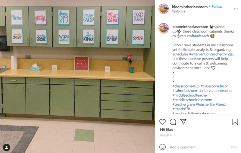 Green cabinets in middle school classroom décor with motivational and inspiring sayings on the cabinet doors.