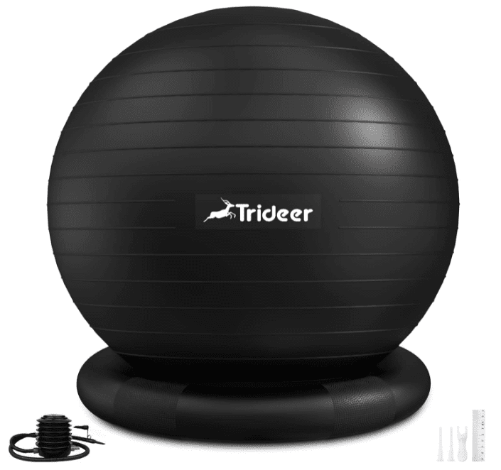 Large black yoga ball with a stability ring around the bottom for the purpose of using the ball as a chair.