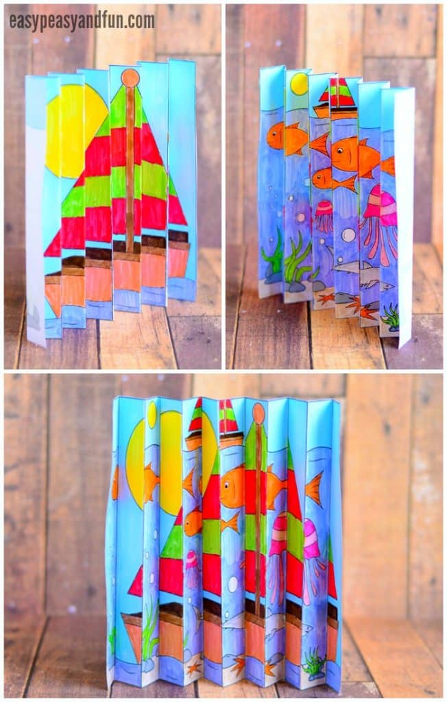 Colorful pictures are painted on papers folded into an accordion shape