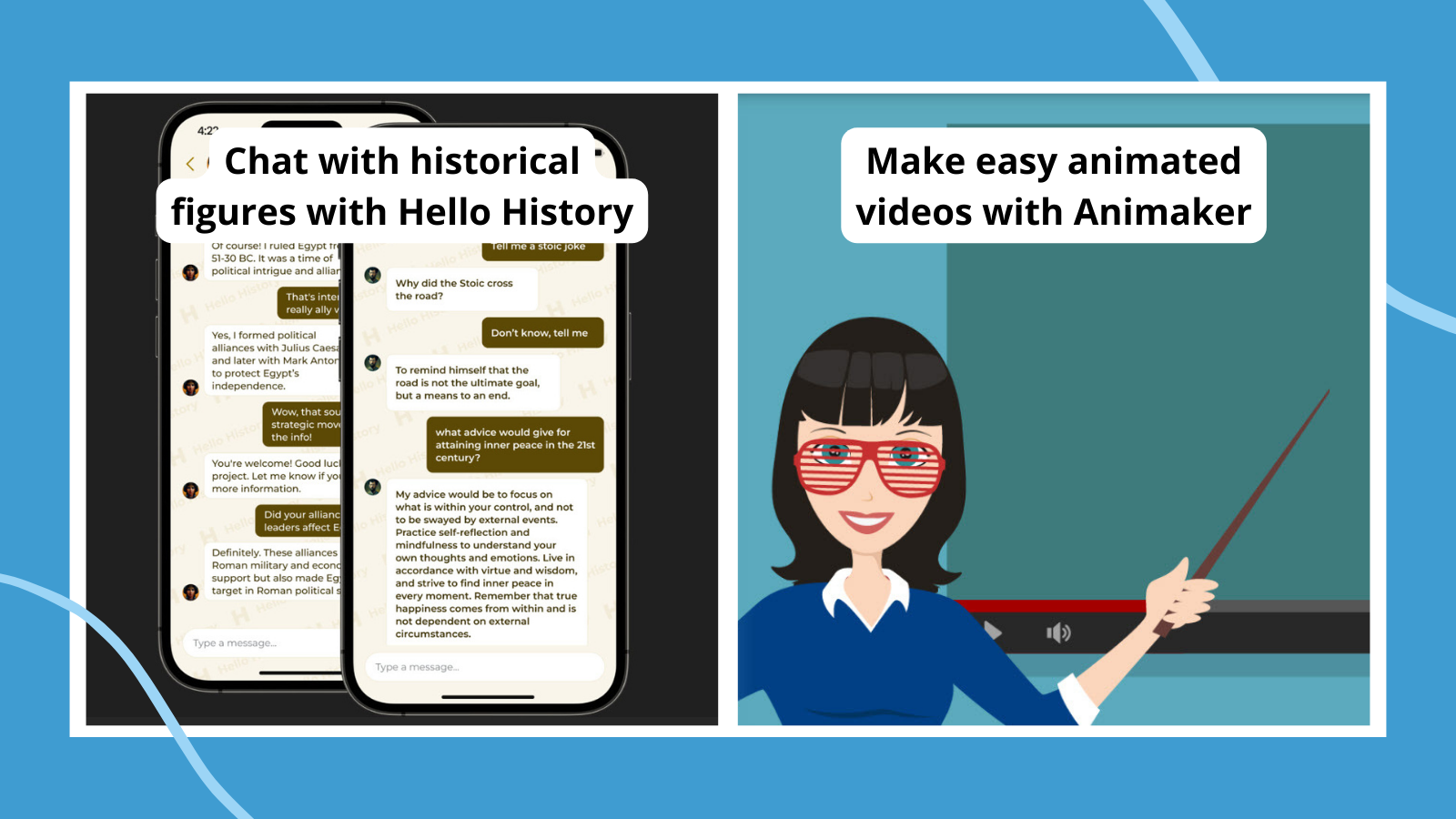 Collage of AI for teachers tools, including Hello History and Animaker