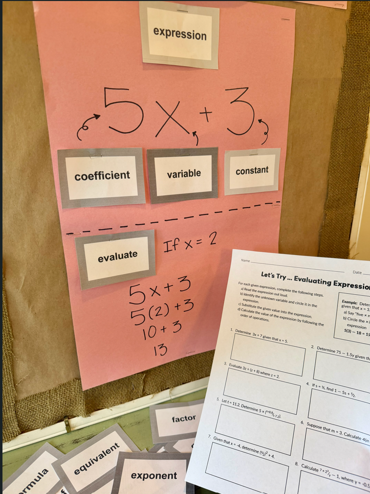 Algebra vocabulary worksheet in use in classroom.