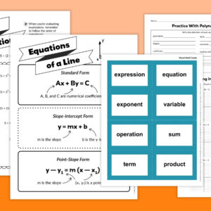 Algebra worksheet bundle showing order of operations chart, equations of a line reference, polynomial vocabulary page, word wall cards, and graphing inequalities worksheet