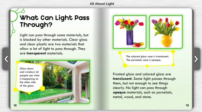 Sample page from All About Light with bold words as nonfiction text features