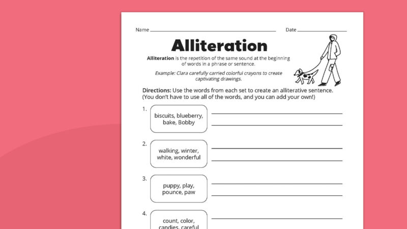 Flat lay of alliteration worksheet