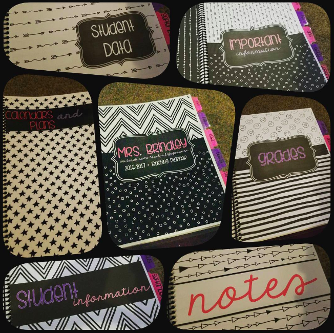 Examples of matching, black and white patterned teacher notebooks