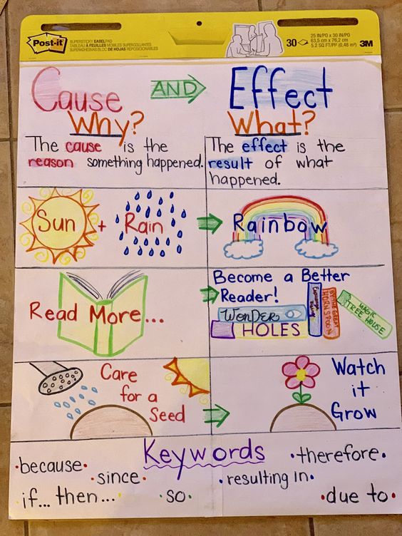 cause and effect anchor chart with examples, sun and rain make a rainbow, read more and become a reader and care for a seed and watch it grow