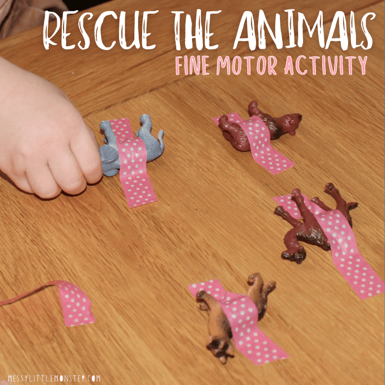 Small plastic animals are taped to the floor; little hands are shown trying to remove the tape and free the animal (fine motor activities)