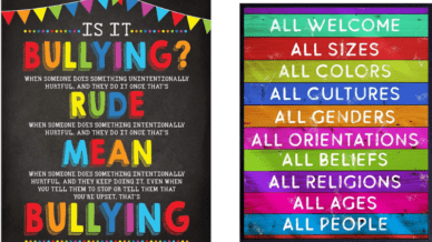 Two examples of colorful anti-bullying posters with anti-bullying messages.