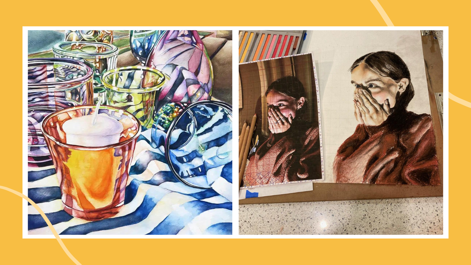 AP art portfolio examples including watercolor cups and drawing of a photo of girl covering nose and mouth with hands.