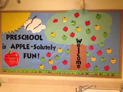 Preschool is apple-solutely fun welcome back to school bulletin board tree and apples