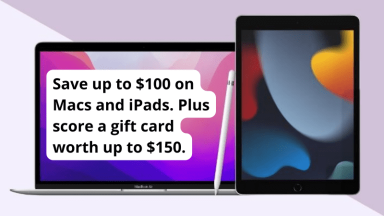 Collage of MacBook and iPad with details about Apple education discount