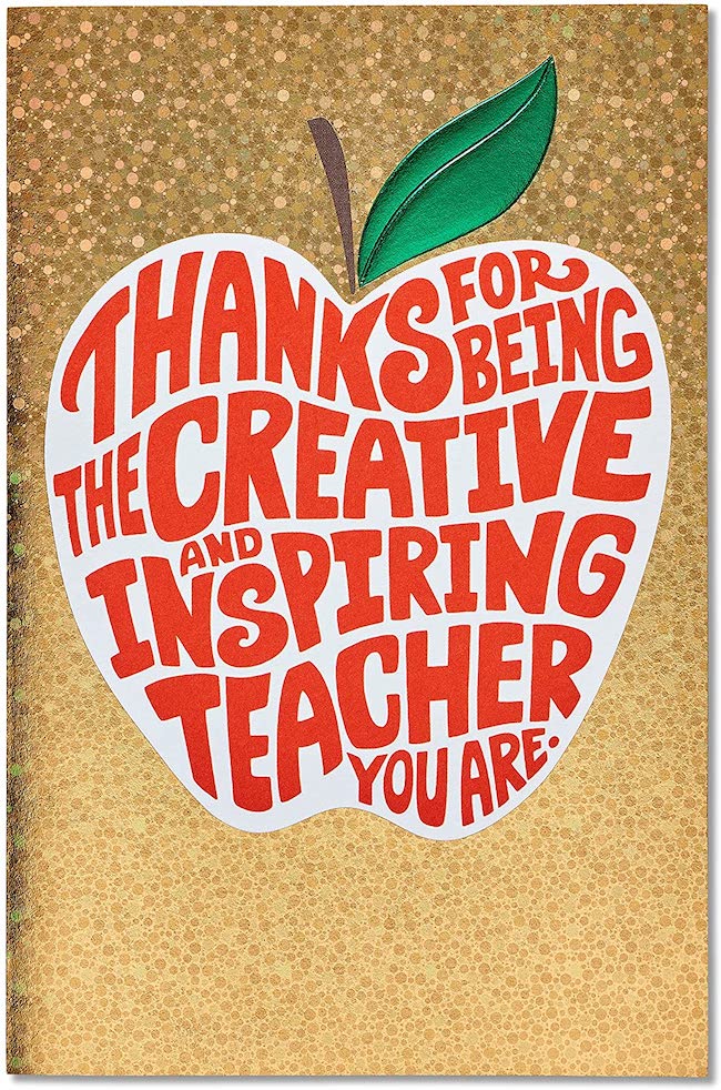 Gold glittery teacher appreciation card with apple design