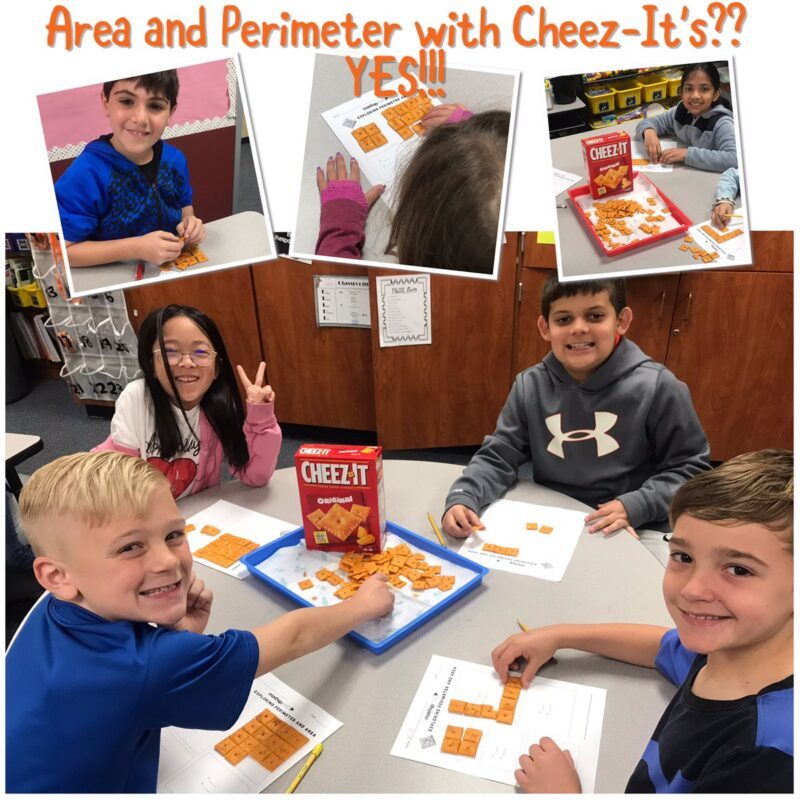students using crackers to complete area and perimeter problems