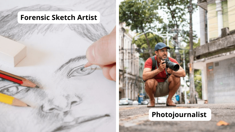 Art careers, including forensic sketch artist drawing a face and a photojournalist taking photos in a city.
