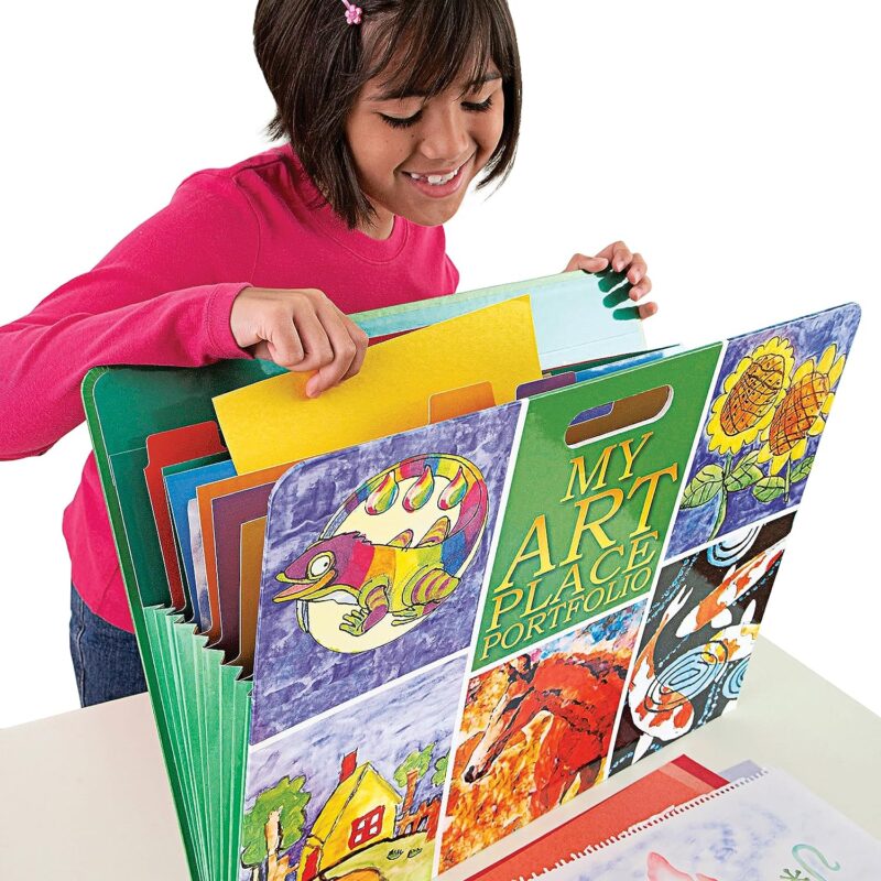 A large portfolio has bright drawings on the front and many folders inside to hold artworks. A little girl is seen looking through it.