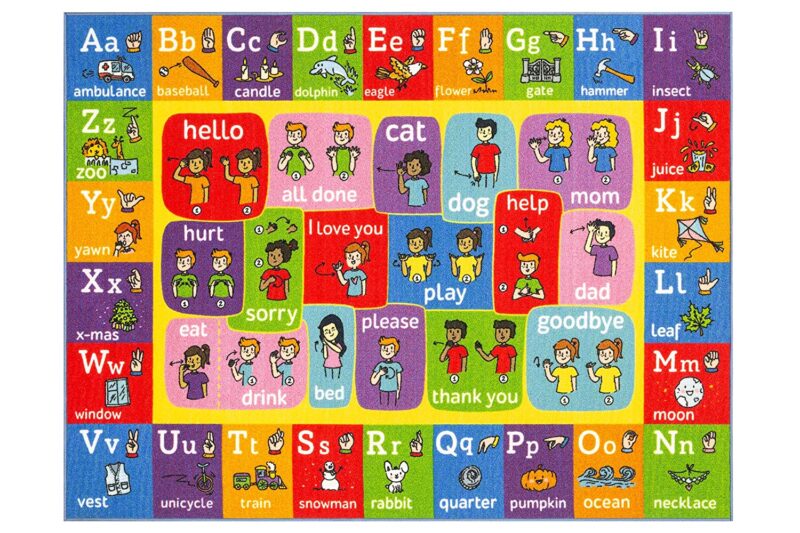 Classroom rugs can teach lessons like this colorful rug with the ASL alphabet in graphics.
