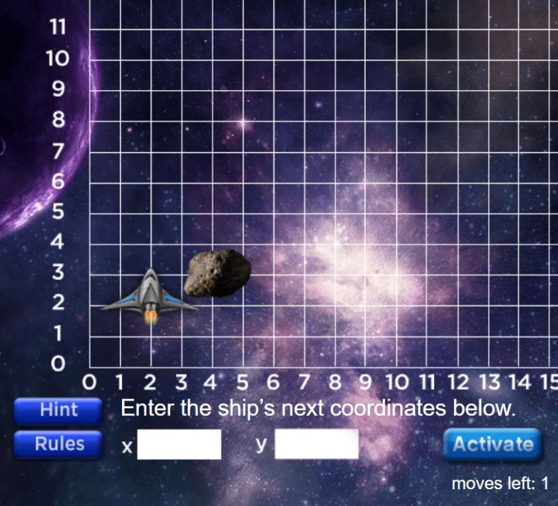 A one-quadrant coordinate plane with a small asteroid and a rocket, and a space for entering coordinates