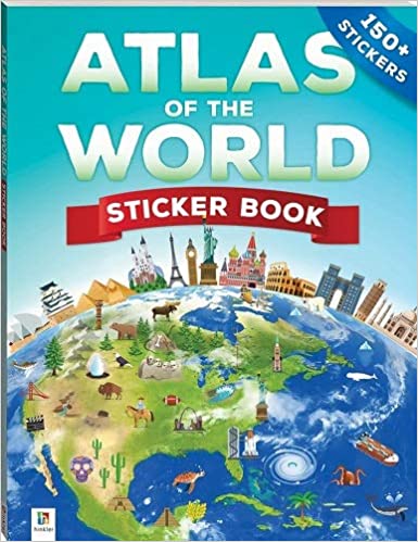 A book has a globe on it and landmarks from different cities across the world. (best sticker books)