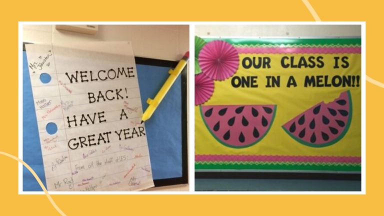 August bulletin board ideas including a giant piece of notebook paper and pencil that says Welcome Back with teacher names signed and watermelon slices with seeds that say Our Class Is One in a Melon
