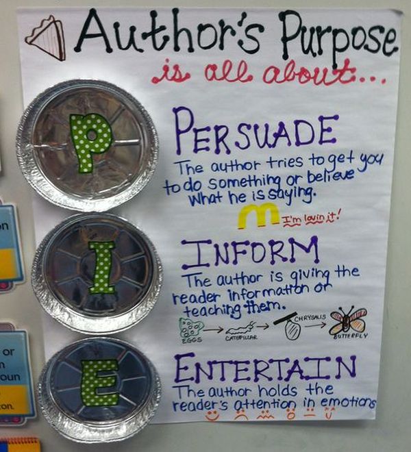 Author's purpose anchor chart with pin tins attached