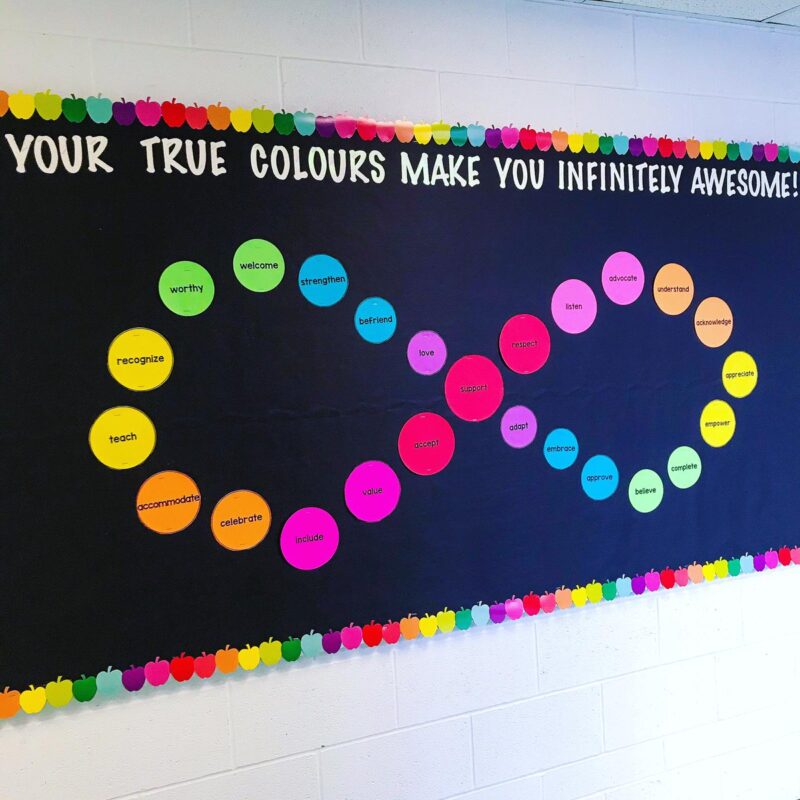 autism acceptance month bulletin board with a rainbow infinity symbol 