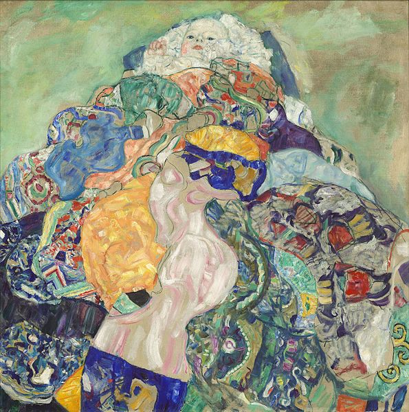 A baby sits atop a pile of colorful blankets in this semi abstract painting.