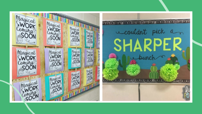 Two back-to-school-bulletin-board ideas including Magical Work Coming Soon board and Couldn't Pick a Sharper Bunch 3D cactus board.
