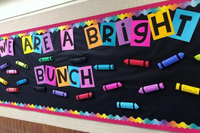 We Are a Bright Bunch bulletin board with paper 3-D crayons