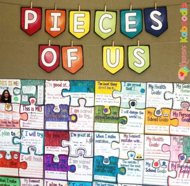 Bulletin board with puzzle pieces describing students