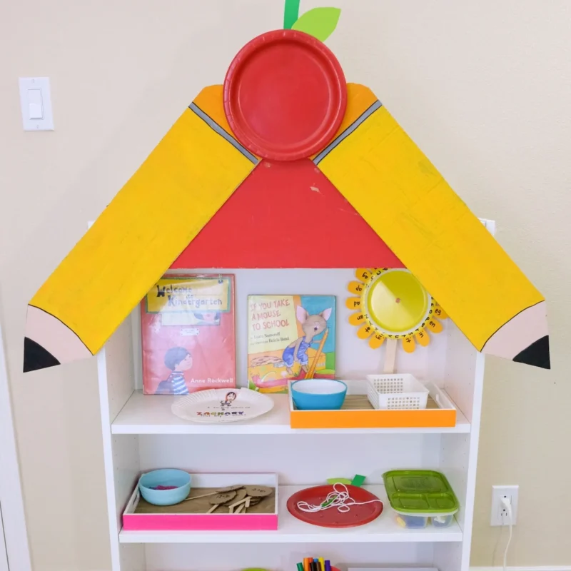 shelf of back to school books and materials 