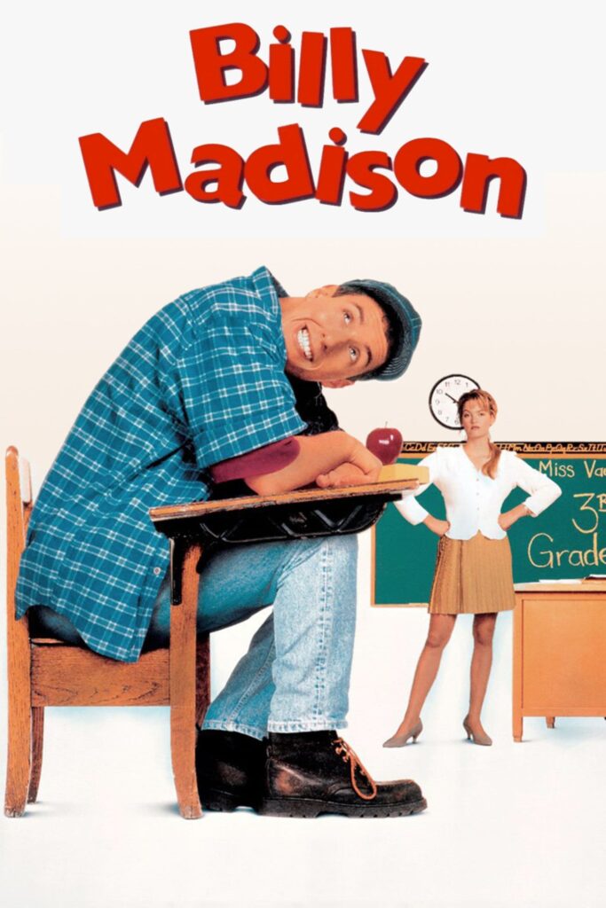 Cover of Billy Madison movie Adam Sandler sitting at tiny desk