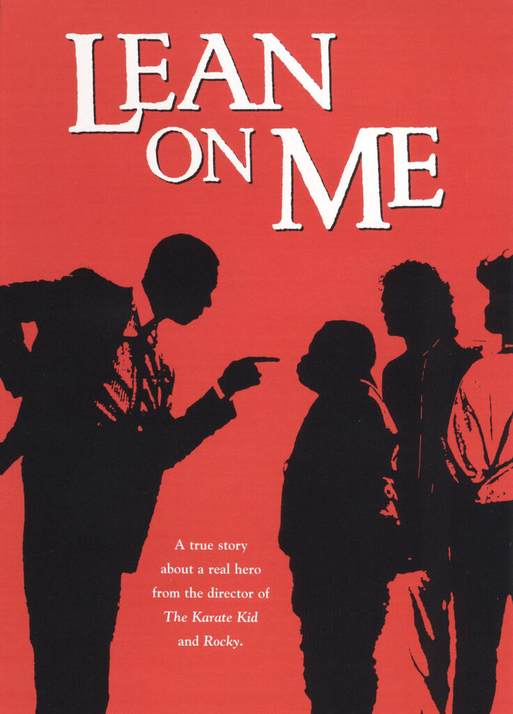 Red background teacher and students Lean on Me movie poster