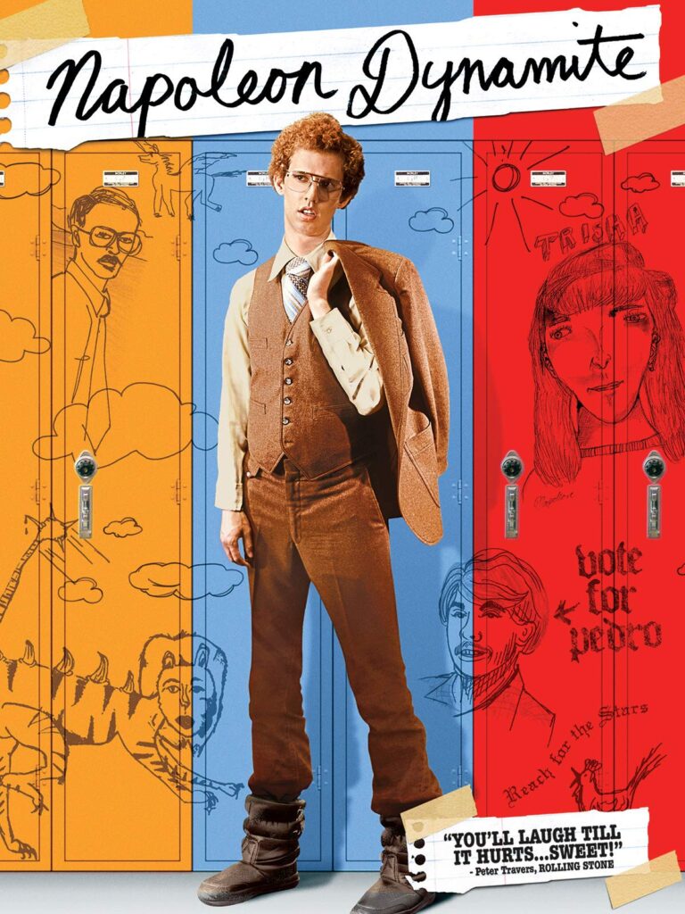 Orange, blue, and red cover of Napoleon Dynamite with Jon Heder