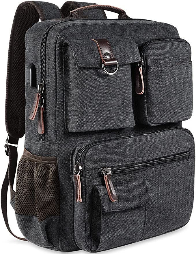 Grey canvas backpack with charging port and multiple outside pockets