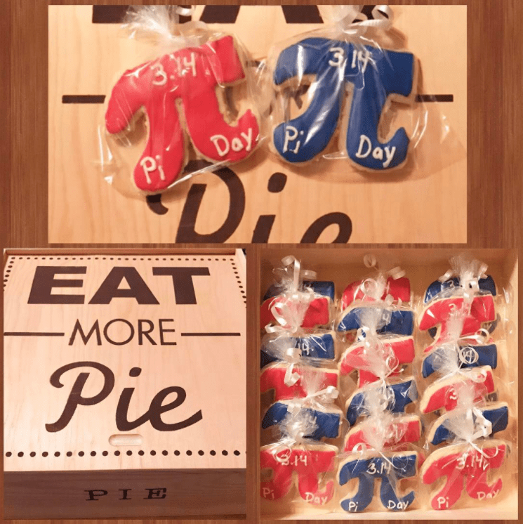 Collage of images of red and blue cookies shaped like the pi symbol