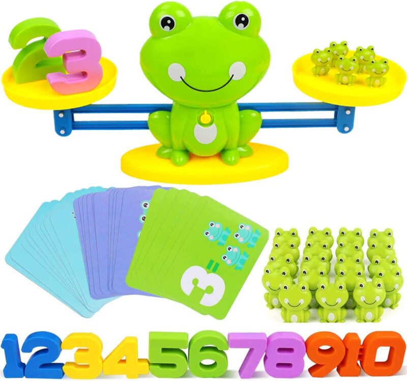 A frog is at the center of a scale. On one side are numbers and on the other are the corresponding number of little frogs.